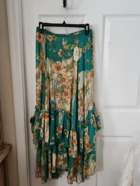Green Floral Ruffled Maxi Skirt